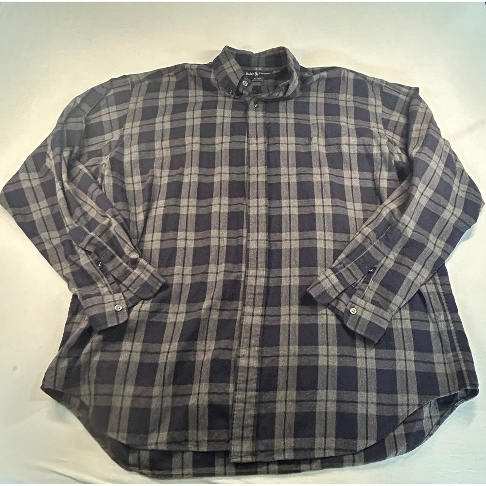 Ralph Lauren Blaire Mens XL Flannel Shirt Navy Grey Plaid Cotton Button Down